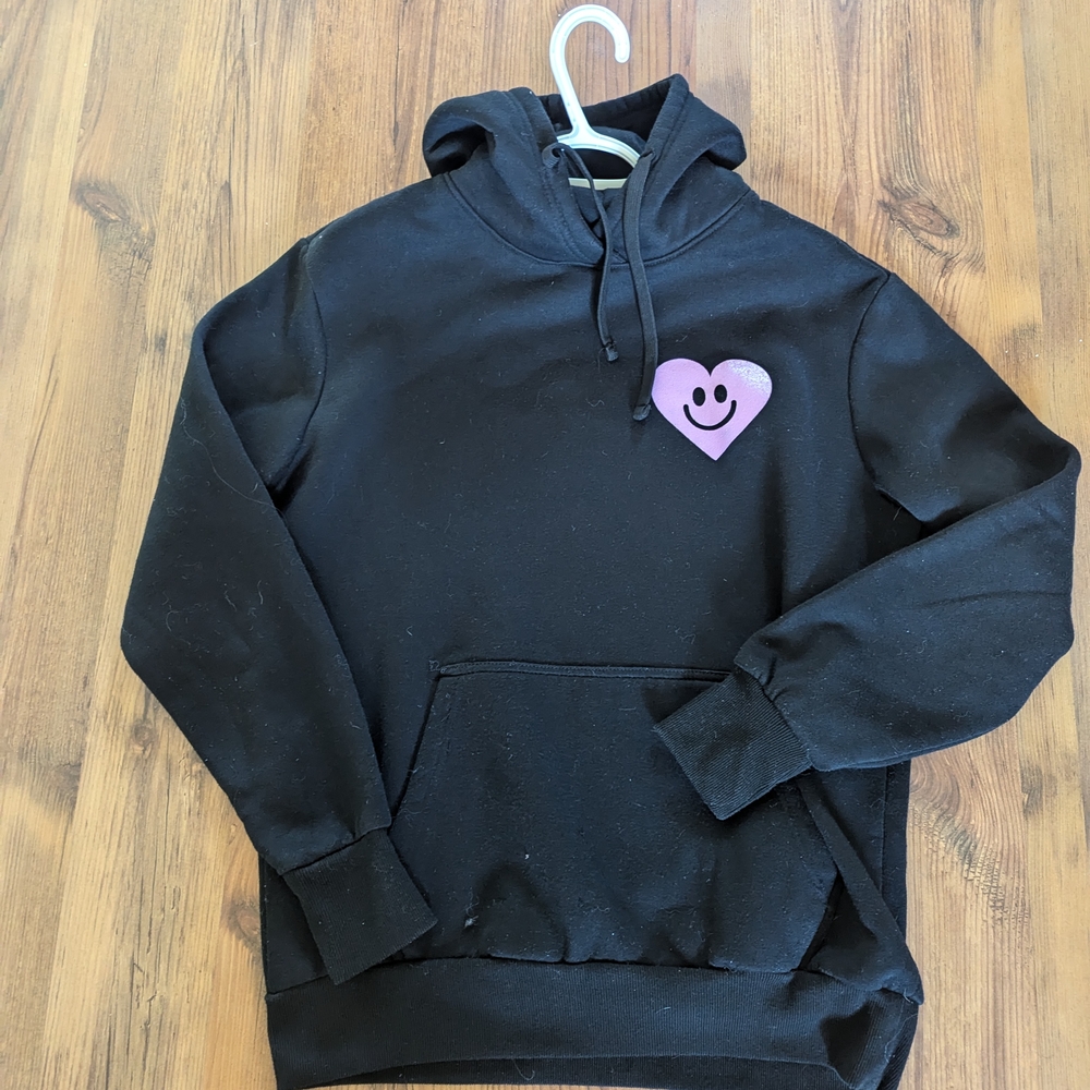 Oversized Black Hoodie with Pink Heart Smiley And Back Graphics